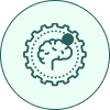 Brain icon within a gear on circle.