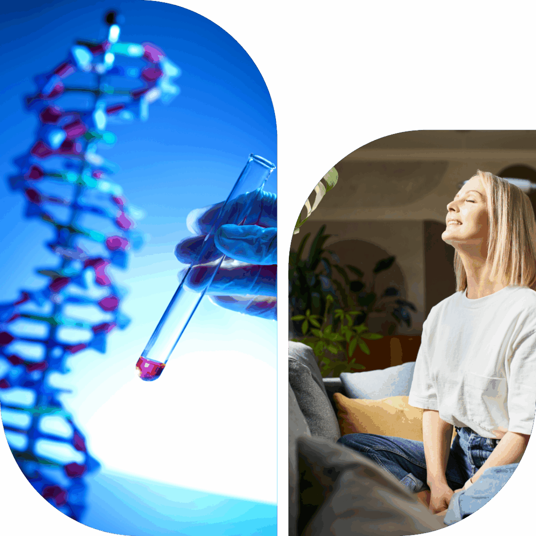 DNA strand and woman sitting on couch.