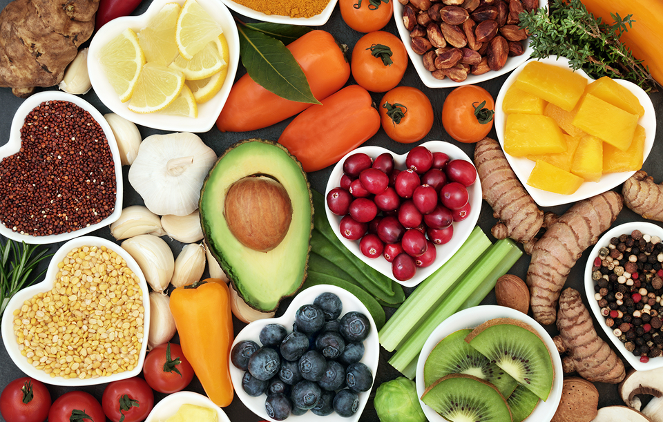 Assorted healthy foods arranged on a table.